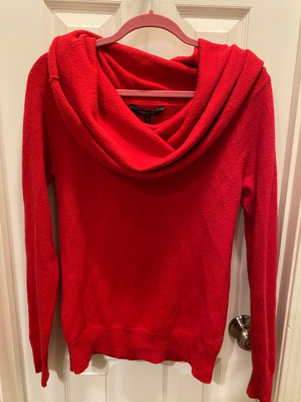 BCBG Maxazria Red Cowl Neck Women's “LOVE” Sweater in Rio Red size Large